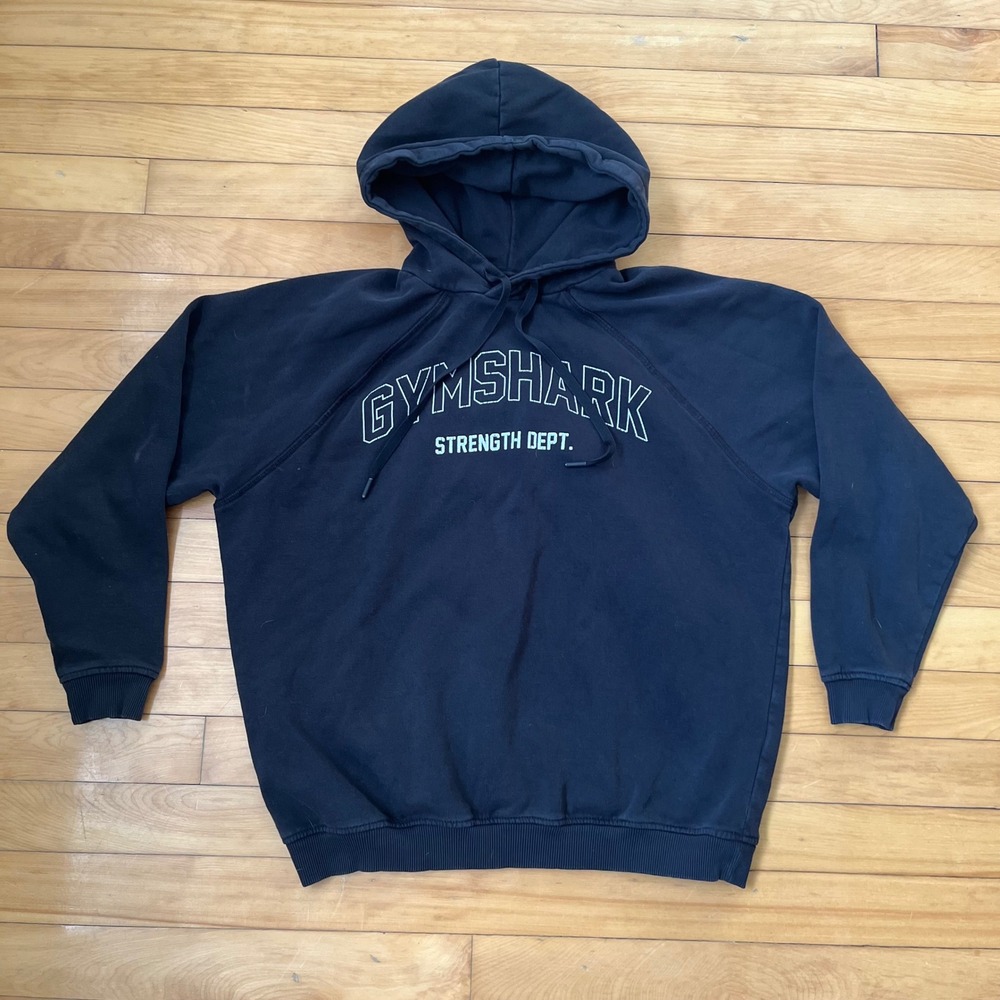 Gymshark Strength Dept Hoodie Black Raglan Pullover Mens XS Graphic Sweatshirt